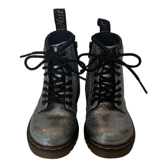 DR. MARTENS Crinkle Metallic Silver Sparkle Combat Boots 1460T Little Girls 7 - Picture 3 of 11